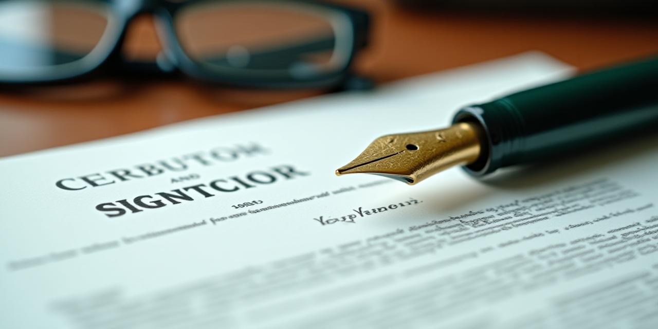 Close-up view of a legal contract being signed on a dark wooden desk